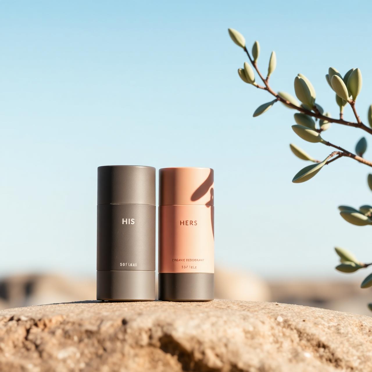 His and Hers organic deodorant cardboard sticks on stone outdoors with eucalyptus